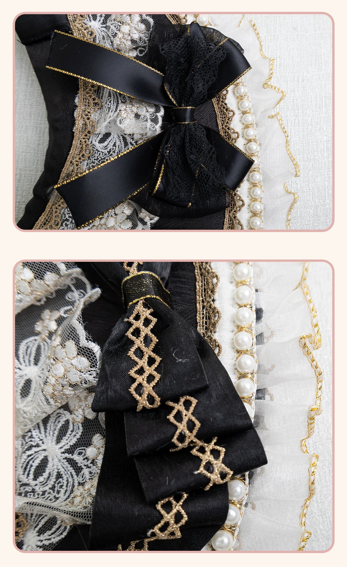Stardust Rose - Night Banquet - Black-and-Gold Lolita Headwear with Lace and Bows