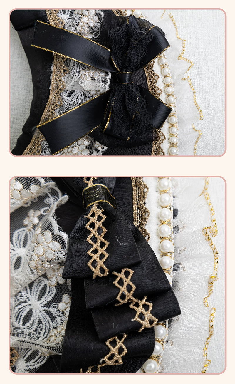 Stardust Rose - Night Banquet - Black-and-Gold Lolita Headwear with Lace and Bows