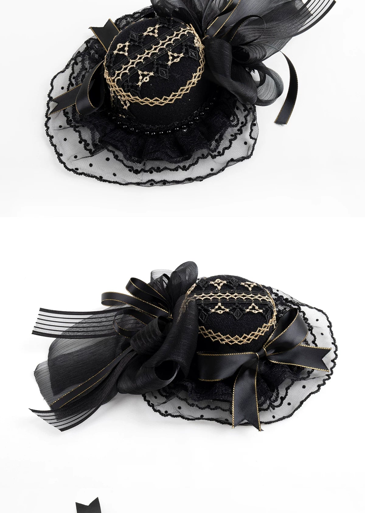 Lightbound Narrative - Black and Gold Formal - Black Dress Hat or Headband with Lace and Gold Trim
