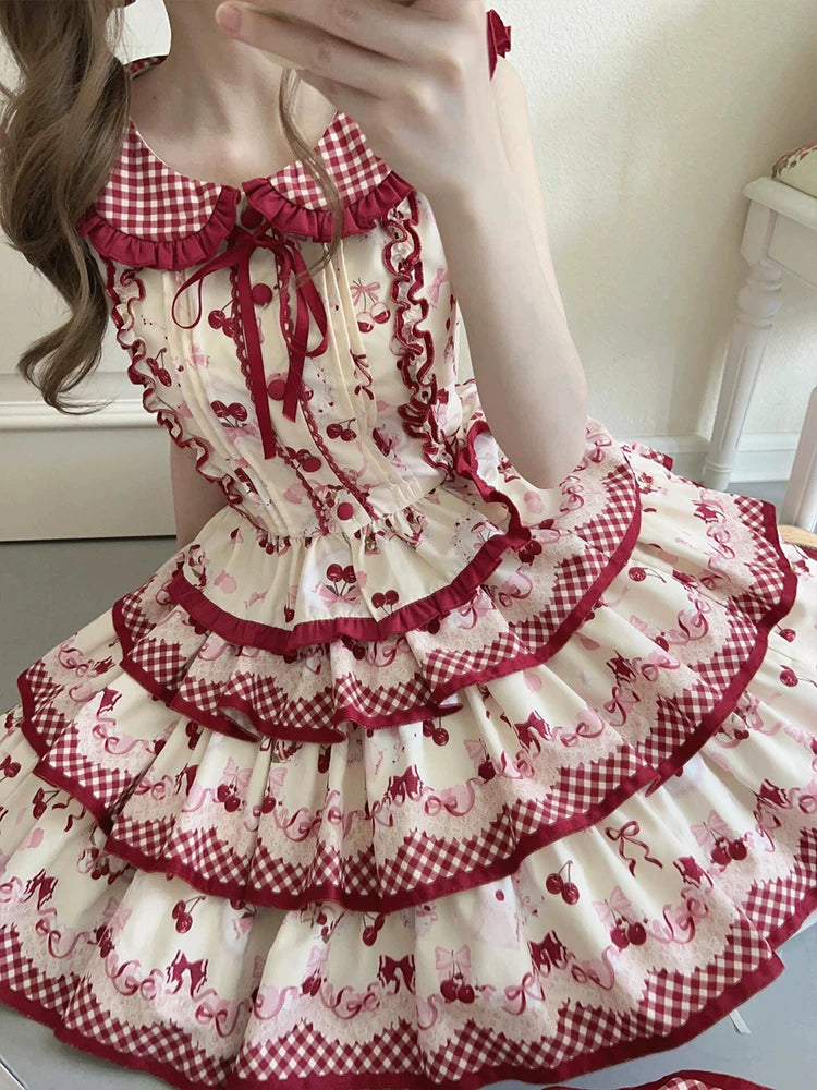 Dream Bunny - The Cherries Are Ripe - Cherry-Print Lolita Fashion Set with Gingham Ruffles