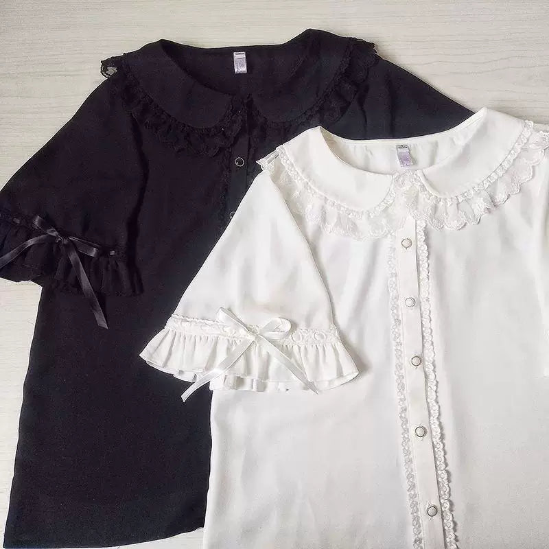Sweetheart Dream Machine - Ribbon Doll Collar - Short-sleeve blouse with ribbon-tied ruffle cuffs