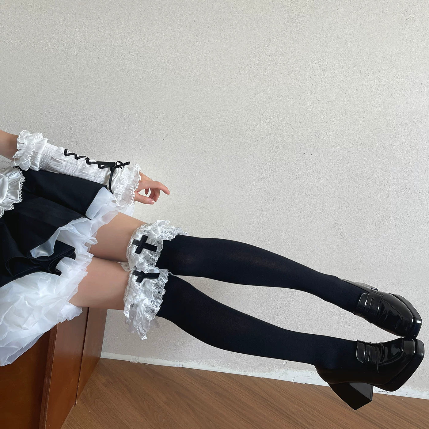 Sock Noble - Dark Cross Lace - Over-the-Knee Socks with Three-Tier Lace Cuffs