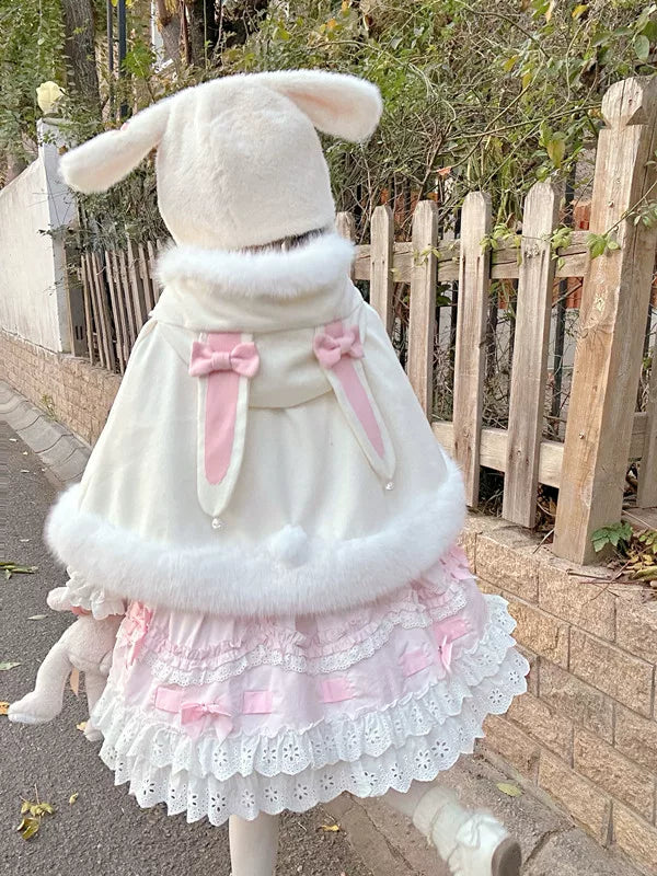 Jelly Girl - Winter Bunny - Plush Hooded Cape with Pom-Pom Ties