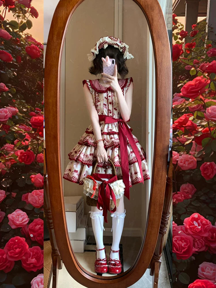 Dream Bunny - The Cherries Are Ripe - Cherry-Print Lolita Fashion Set with Gingham Ruffles