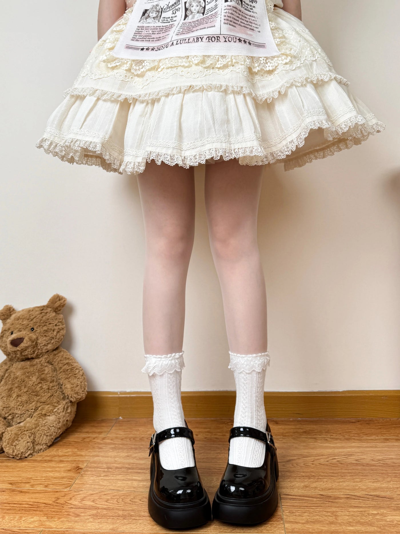 Chubby Bear Tales - Ribbon Keepsake - Cotton Mid-Calf Socks with Lace Trim