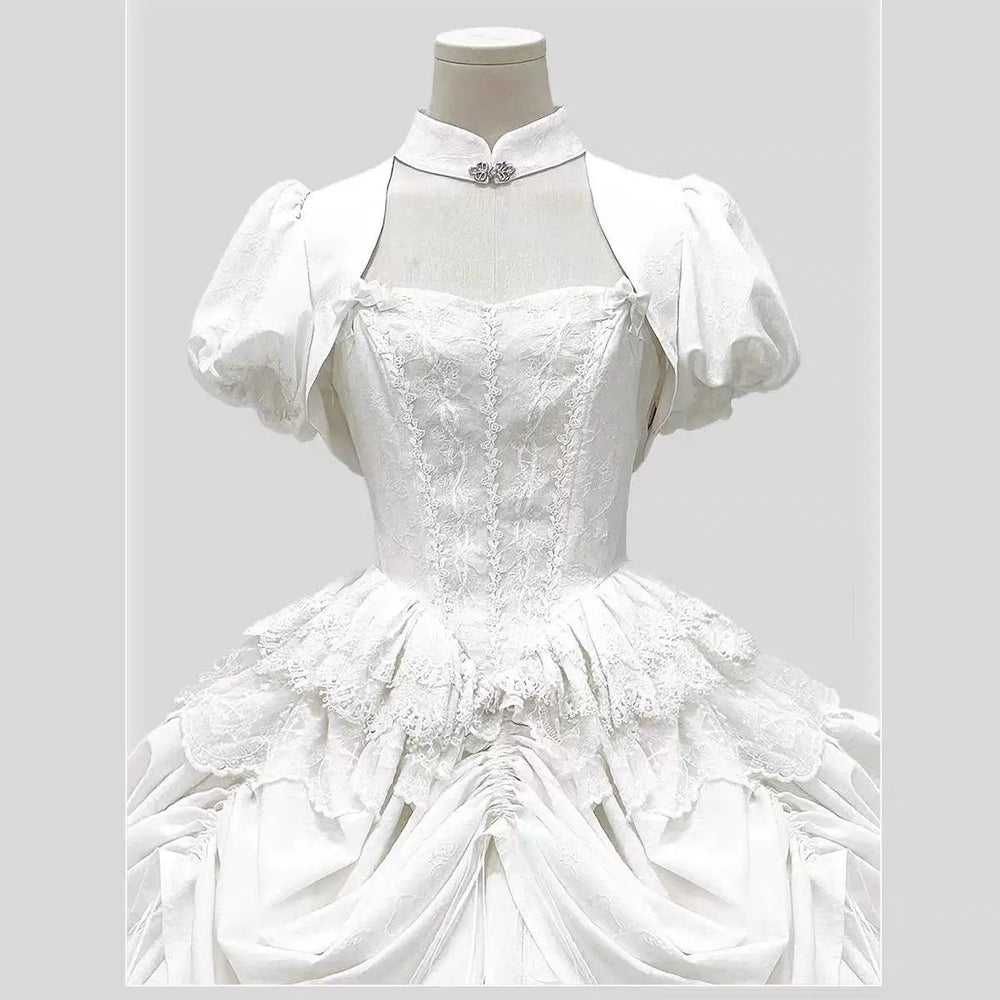 White gothic lolita vest with high stand collar and silver-toned fastener