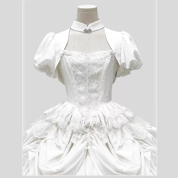 White gothic lolita vest with high stand collar and silver-toned fastener