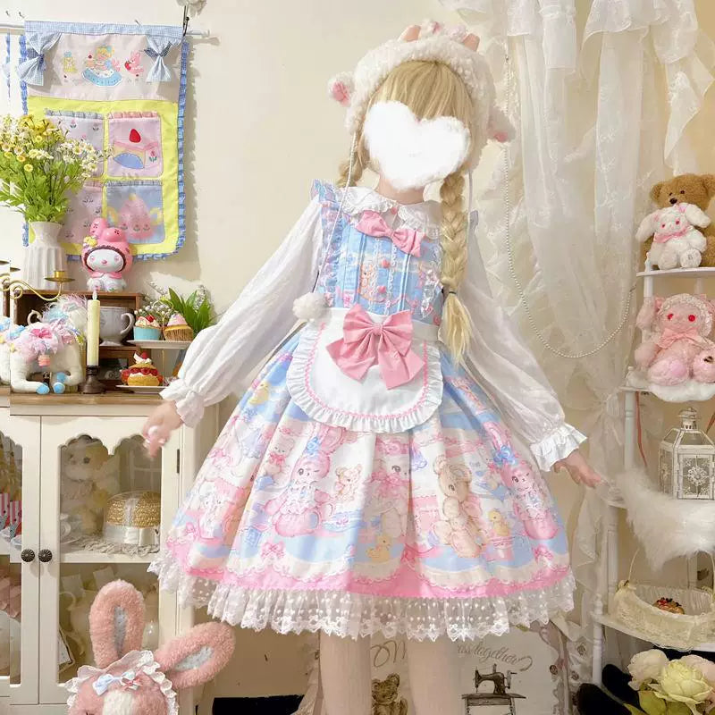 Sweetheart Dream Machine - Heart Rabbit Bear - JSK with a rabbit-and-bear print and ruffled bib