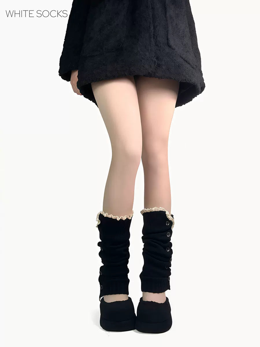 White Socks - Buttoned Scrunch Knit - Knit Leg Warmer Socks with Lace Trim and Buttons