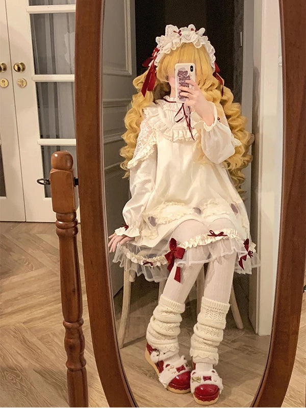 Creamy - Strawberry Cream Cake - Long-Sleeved One-Piece Dress with Strawberry Appliqués