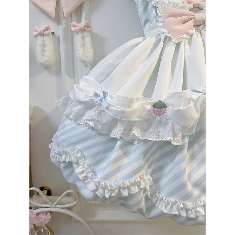 Blue-and-white striped OP dress set with apron and lace ruffles.