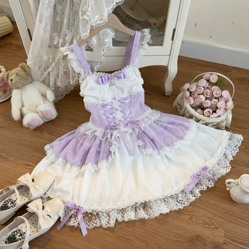 Lady Han Lolita Fufu Ballet bridal JSK dress with lace and bow details, styled with soft pastel colors and delicate floral accents.