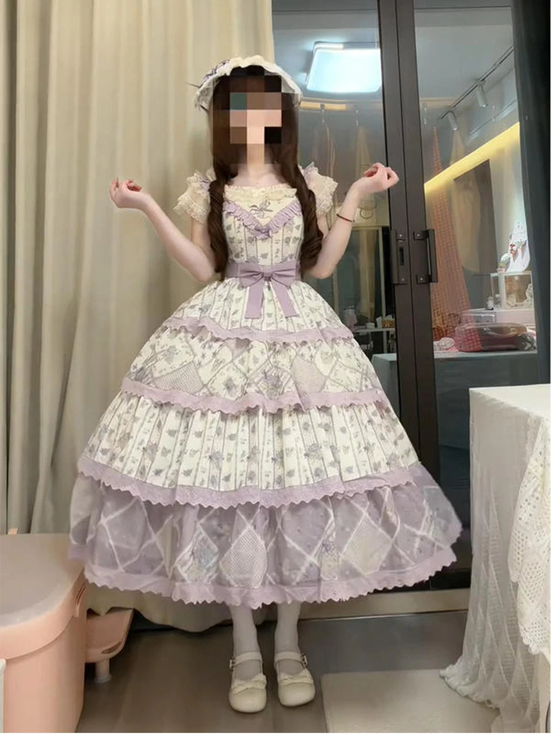 Creamy - Purple Garden - Purple JSK Dress with Belt and Bow