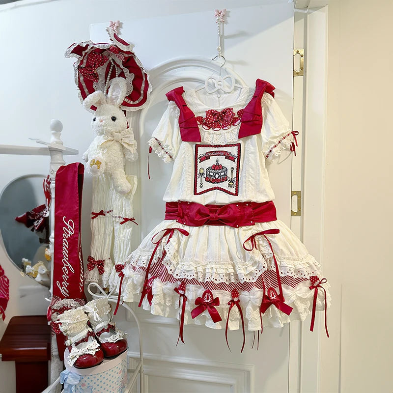 Snow Meow: Strawberry Sweetheart Red and Cream Lolita OP Dress Set