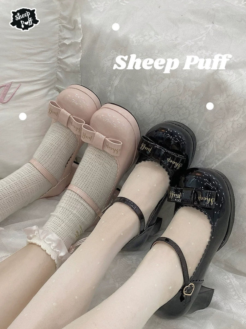 Sheep Puff Souffle Bow Lolita Heels featuring cute sheep puff design and large bow, stylish shoes for Lolita fashion.