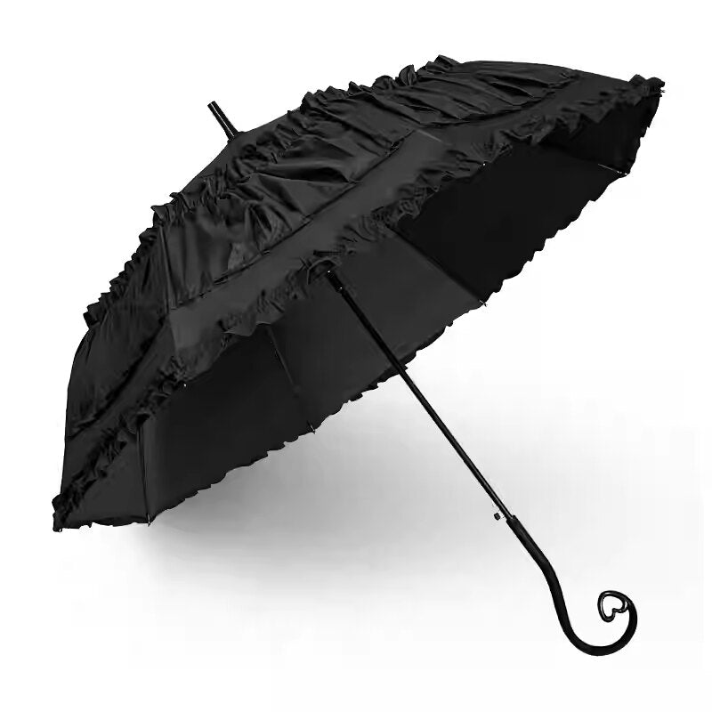 Independent Brand - Heart-Handle Ruffle - Lolita umbrella with layered ruffle trim