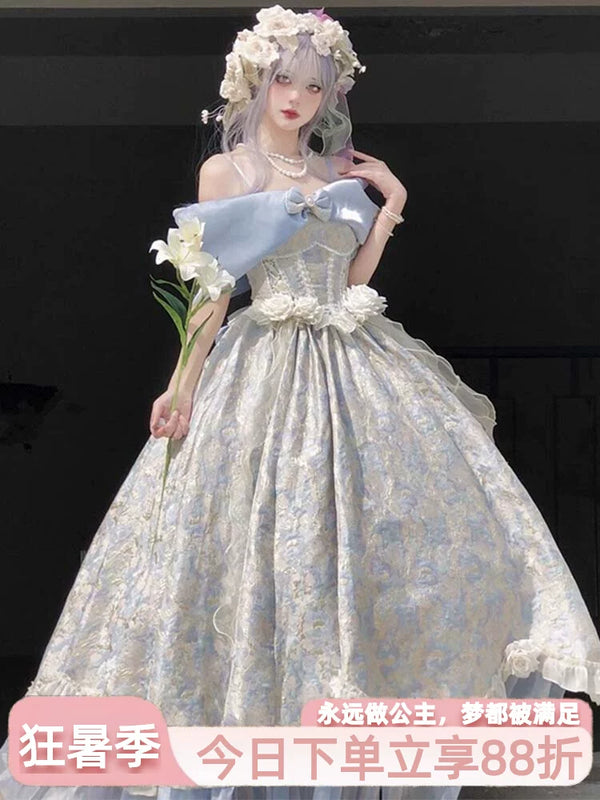 Flora Muse Romanesque Garden Lolita Ballgown in blue, off-shoulder style with floral appliqués and full skirt