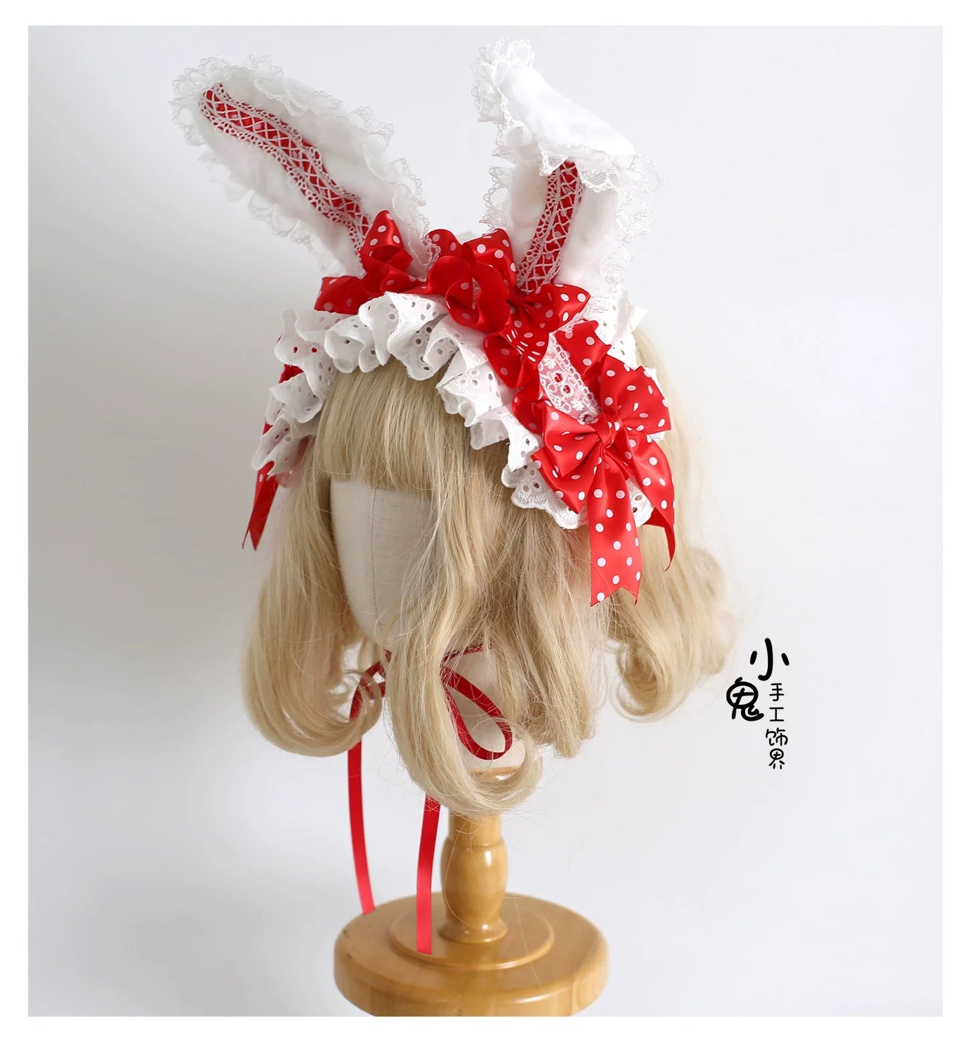 Xiaogui - Sweet Lolita Polka Dot Lace Hairband - Shapeable Bunny Ears Headwear