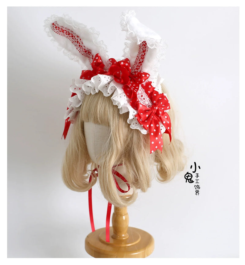 Xiaogui - Sweet Lolita Polka Dot Lace Hairband - Shapeable Bunny Ears Headwear