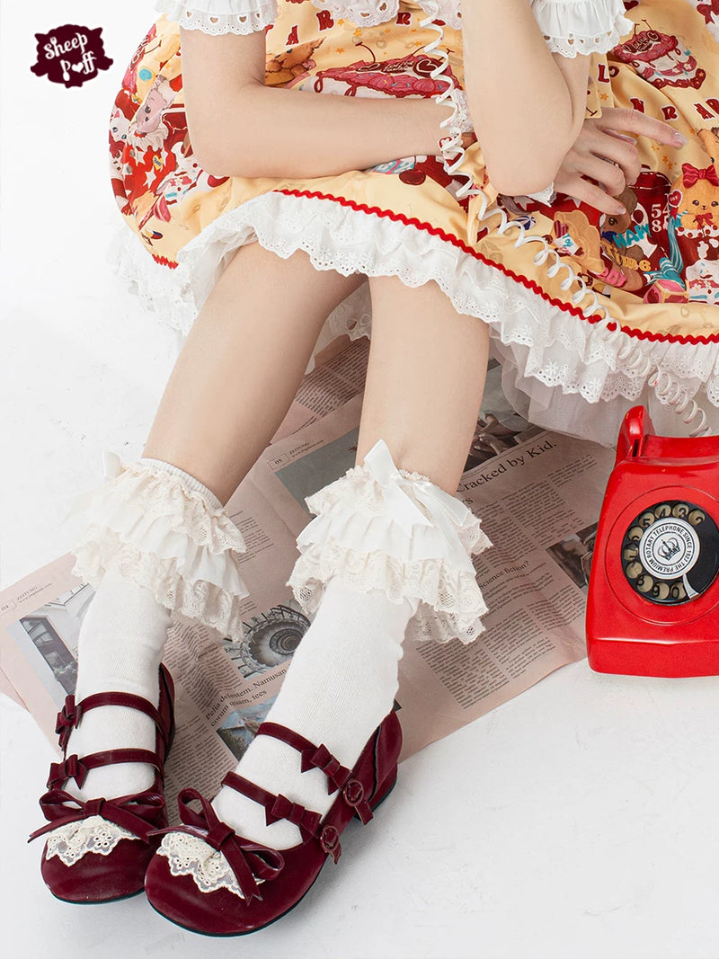 Sheep Puff Lace Bun Lolita Shoes featuring lace details and a cute, rounded toe design in pastel colors.