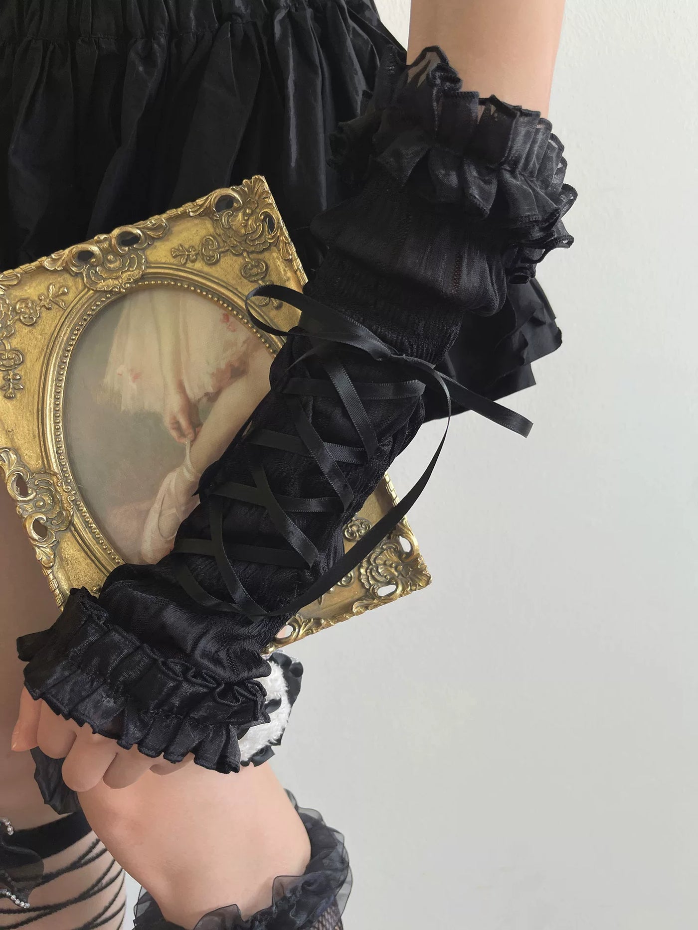 Sock Noble - Dark Ballet - Lace-Ruffle Long Arm Sleeves with Tie Straps
