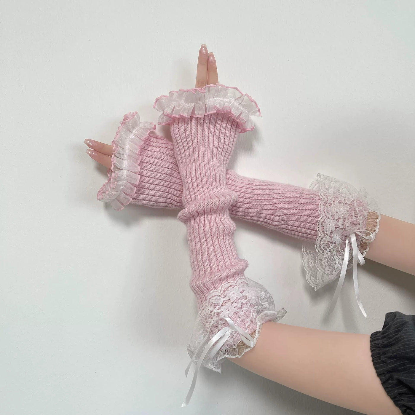 Fantasy Doll - Ribbon Cuff Knit - One-Size Hand Sleeves with Ruffled Lace Bows