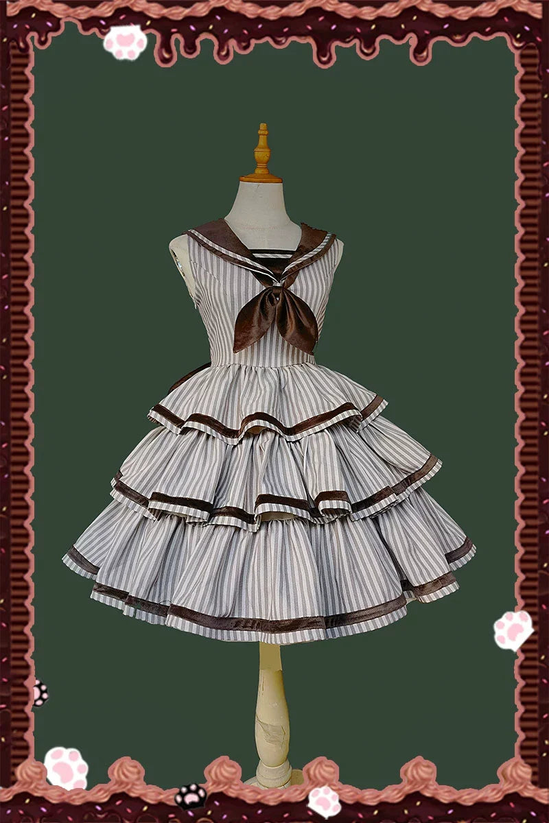 From Afar - Vintage Striped Peppy-Style Lolita JSK & Cape Brown JSK Only S