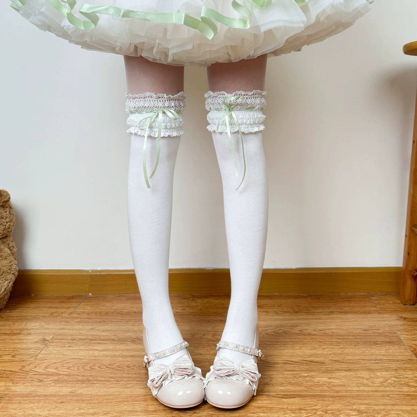 Chubby Bear Tales - Cream Ballet - Lace-Trimmed Socks with Ribbon Ties