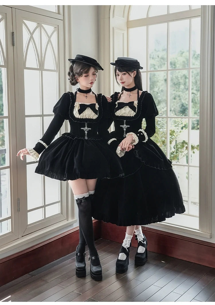 With PUJI - Apocalypse - Gothic Lolita Velvet OP Dress Set, Fishbone Waist