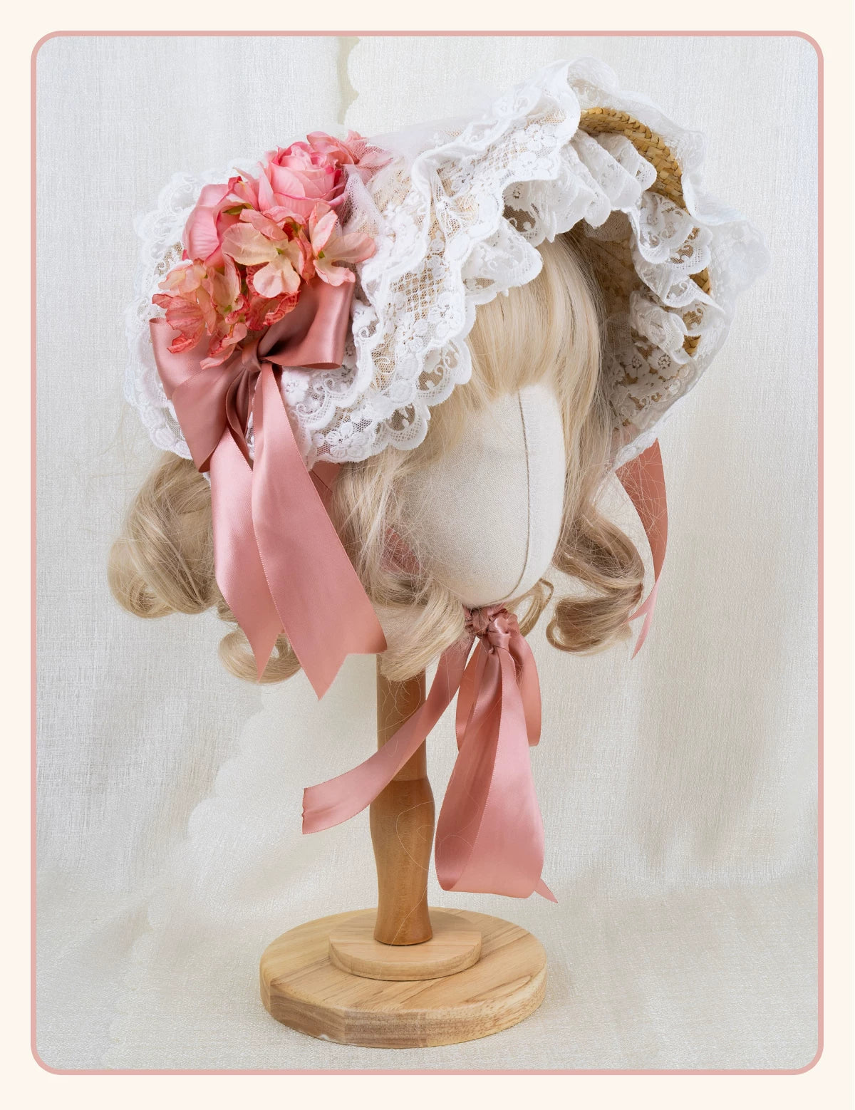 Stardust Rose - Garden Lace Bow - Flat Straw Hat with Lace Trim and Large Bow