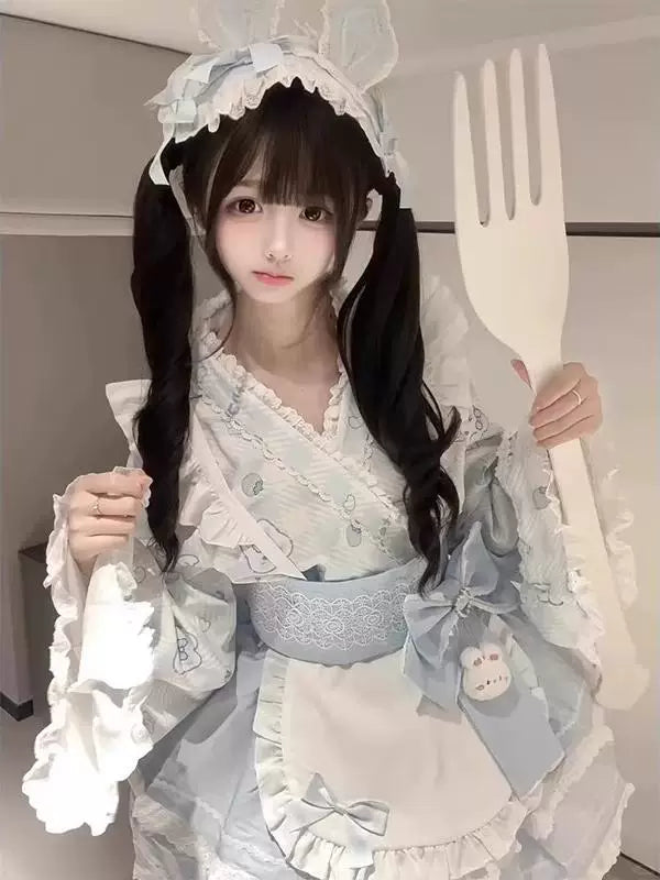 Creamy - Blue V-Neck Maid - Blue Japanese-style Lolita fashion set with hairband
