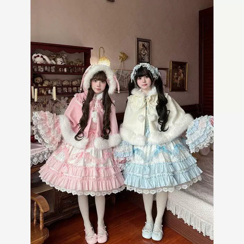 Pink and milky-white shawls styled over Lolita dresses