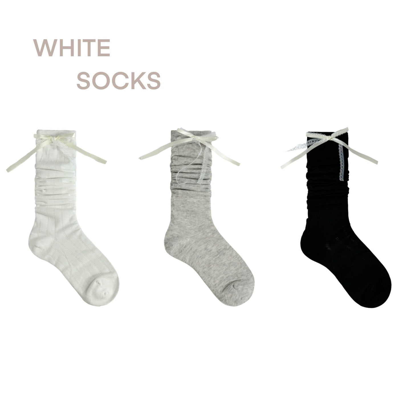 White Socks - Ballet Lace Slouch Socks - Long Socks with Lace Trim and Bow Details