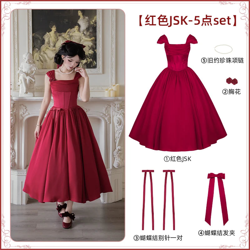With PUJI - For Beloved - Classic Lolita Satin JSK Dress Set, Fishbone Waist detail view 7