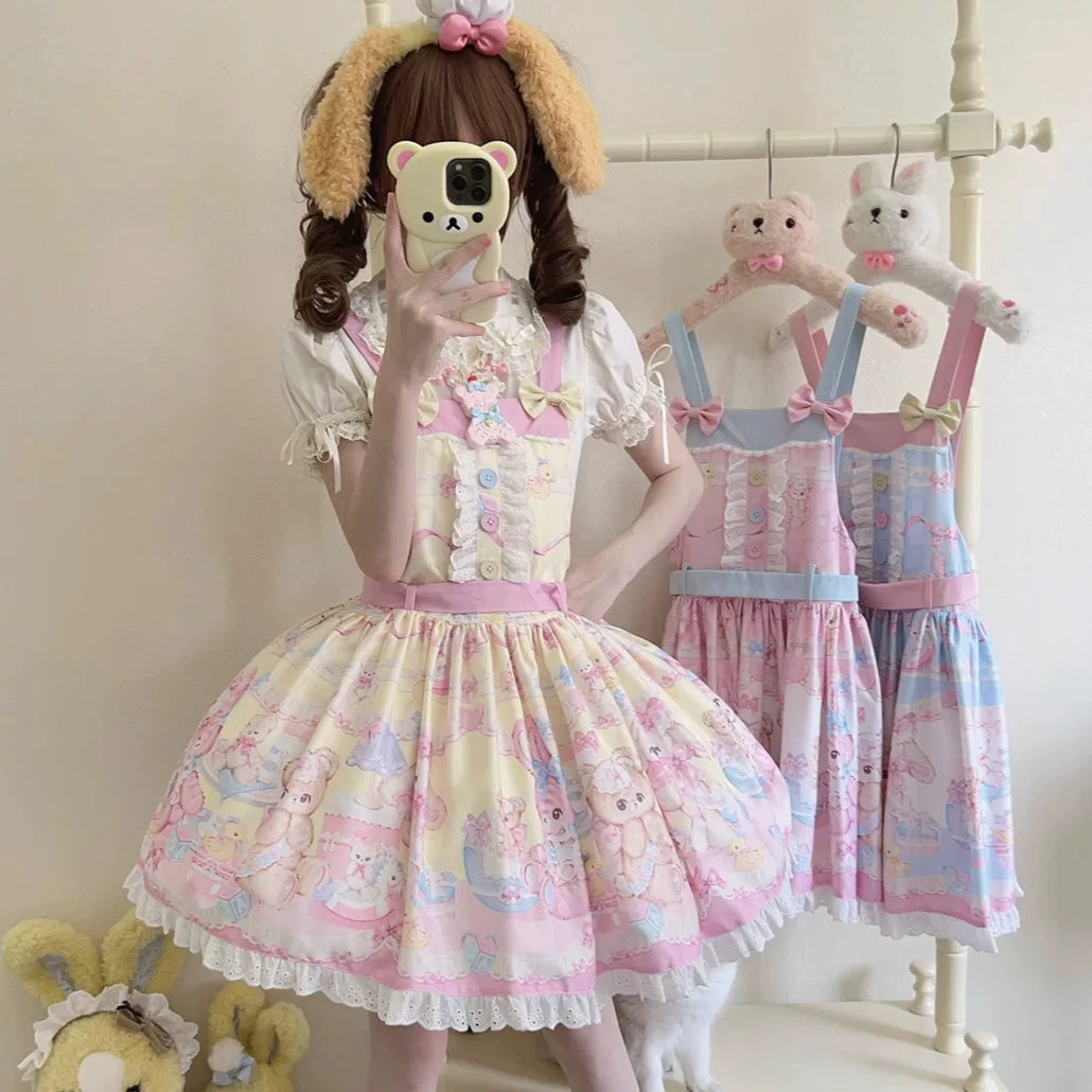 Lady Han Sweet Little Bear JSK dress by Lolita Fetch featuring a cute bear print, pastel colors, and a classic lolita style.