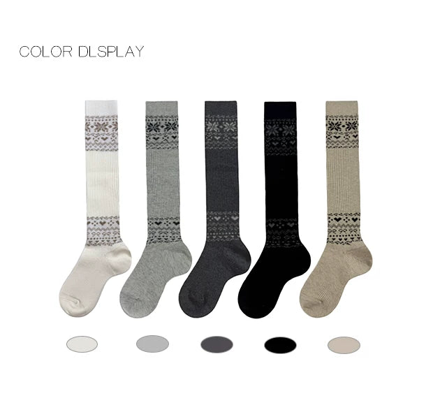 White Socks - Nordic Gray - Mid-Calf Slouch Socks with Fair Isle-Style Bands