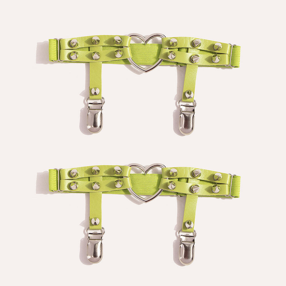 Lime and black studded garter stockings clips with heart buckles and hanging clips.