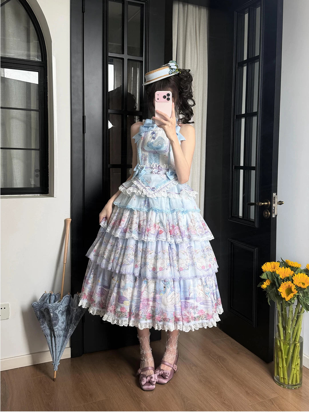 Creamy - Swan Garden - Blue JSK Dress Set with Tiered Swan Print