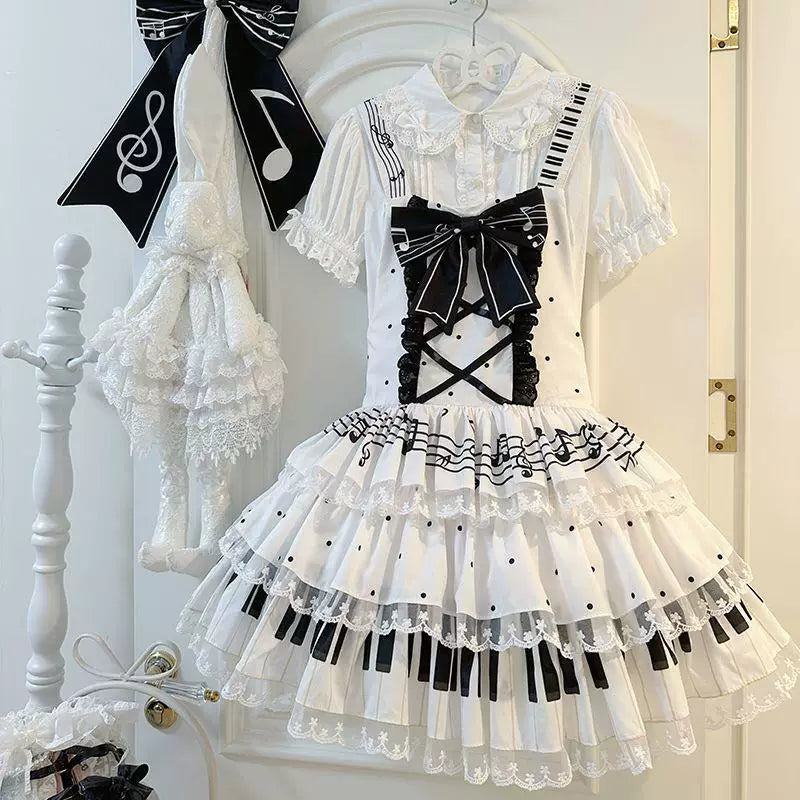 Sweetheart Dream Machine - Vintage Music - Black-and-White JSK Dress with Piano-Key Bands