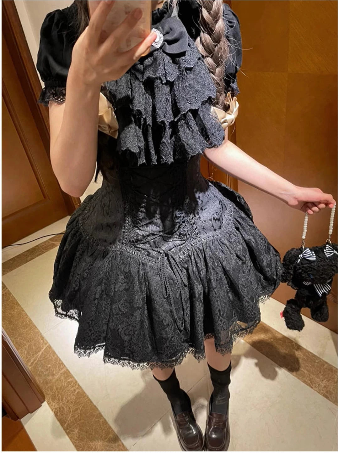 Creamy - Dark Lace Bib - Blouse set with a layered lace bib