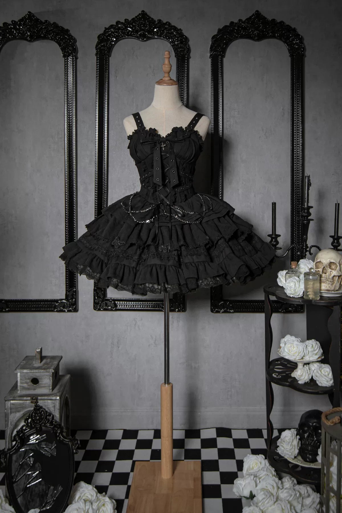 Leopard Cat Contract Cross Gothic Sweet JSK dress by Lolita Fetch featuring a black and leopard print design with intricate details.