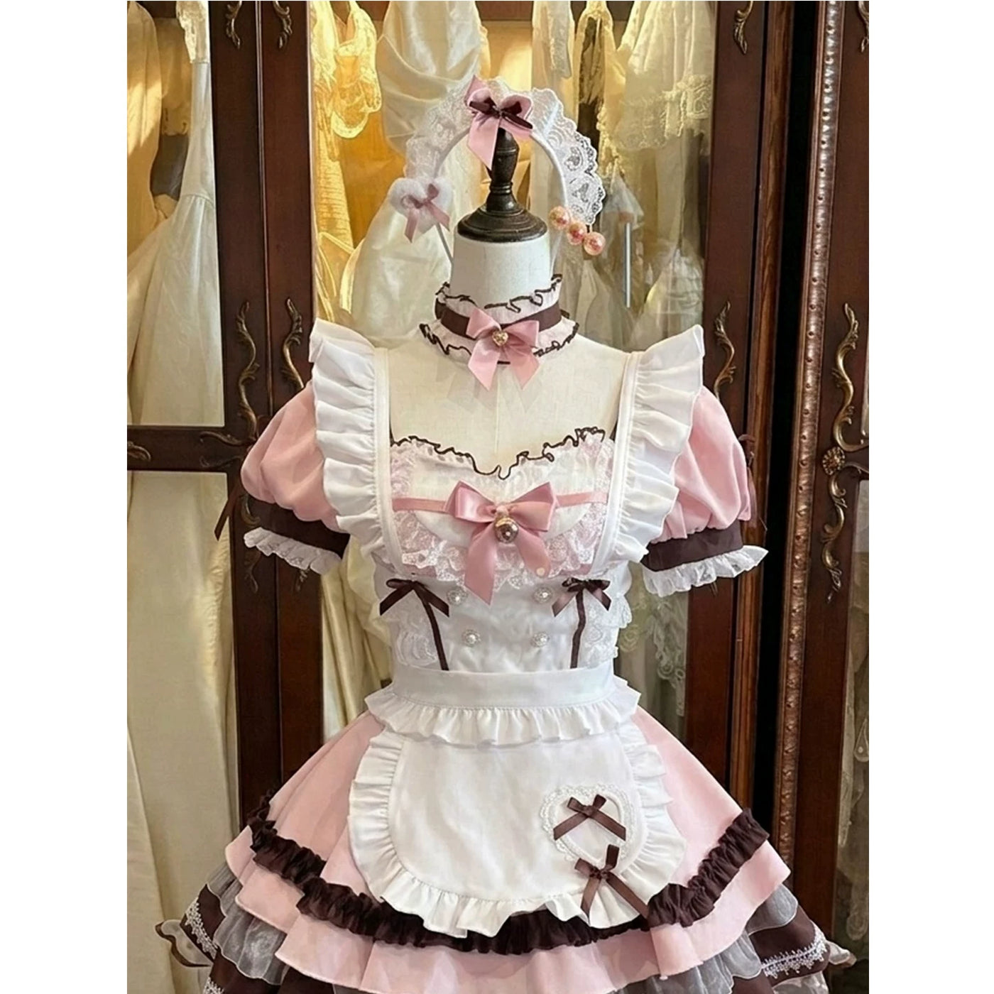 Creamy - Bow Apron Set - Pink, White and Brown Two-Piece OP Dress Set with Ruffled Apron