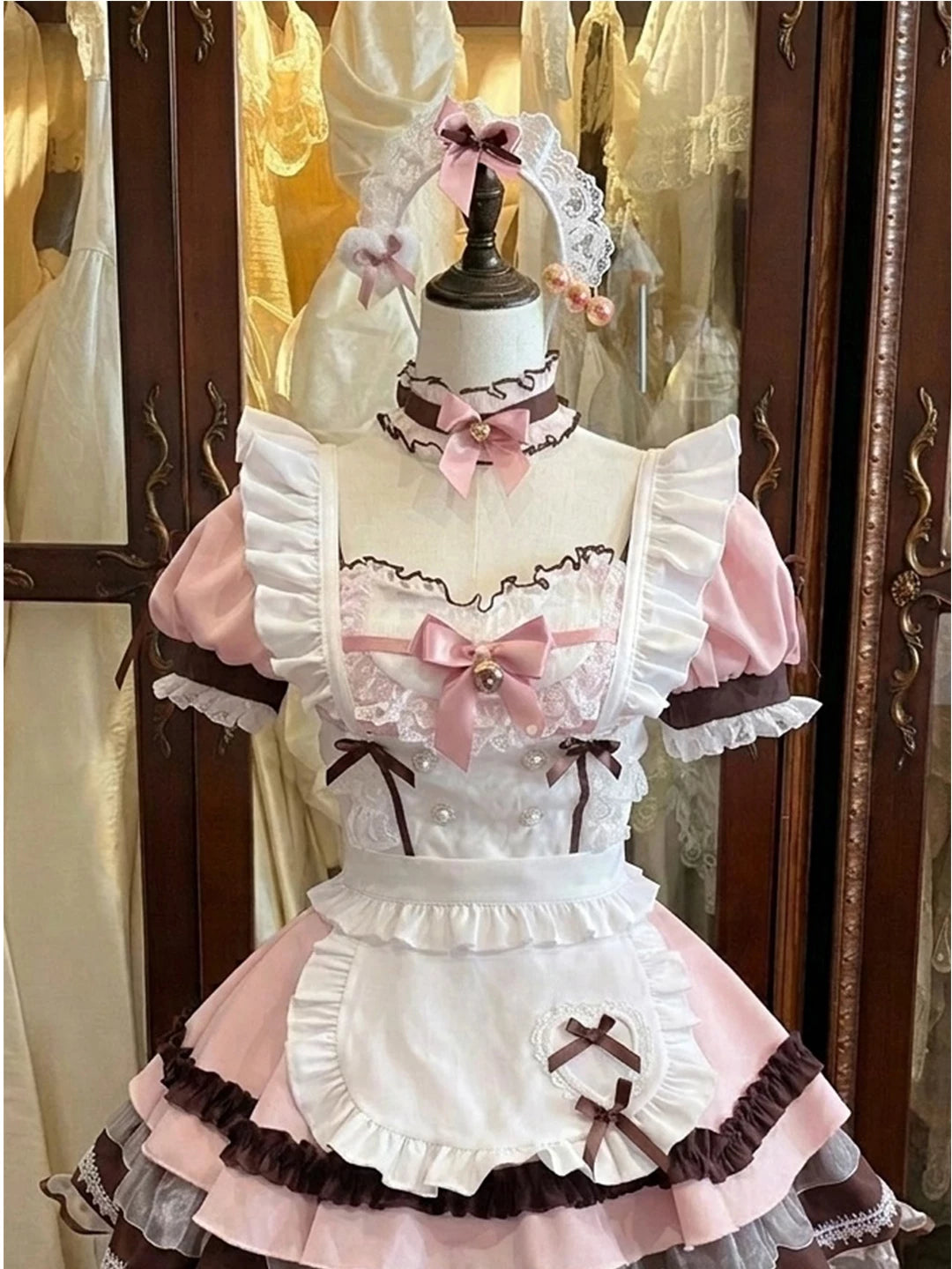 Creamy - Bow Apron Set - Pink, White and Brown Two-Piece OP Dress Set with Ruffled Apron