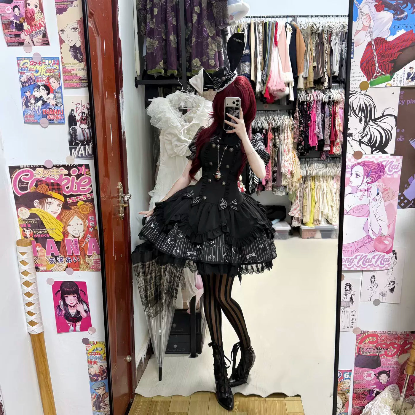 Creamy - Dark Gothic Stripe - JSK set with striped puff sleeves