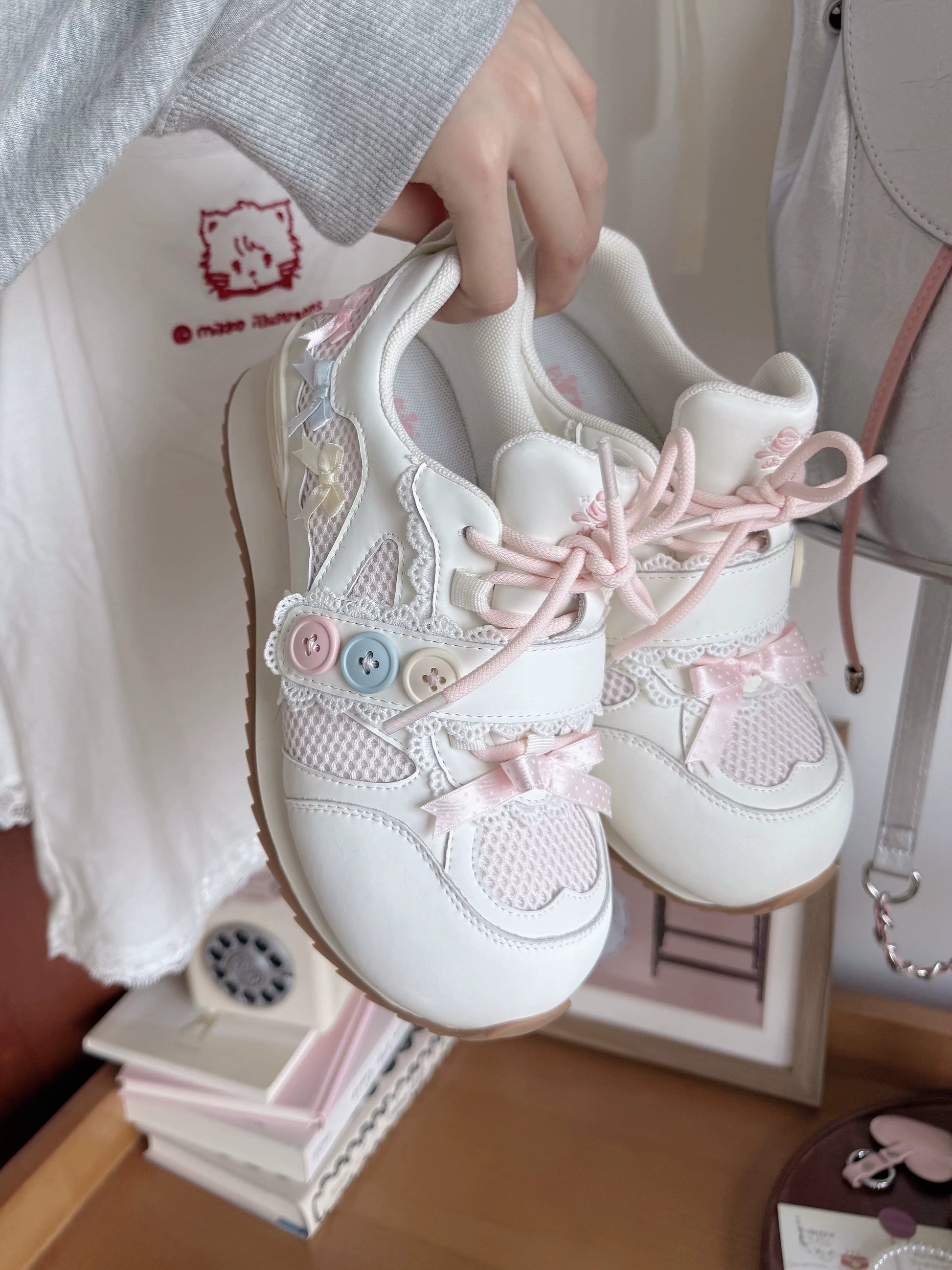 Sheep Puff Little Button Lo-Run Lolita Sneakers featuring cute sheep puff design, white shoes with playful button accents.
