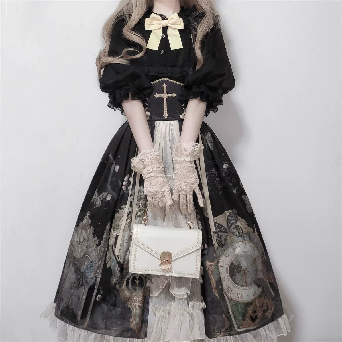 Your Princess - Clock Butterfly - Gothic Lolita Printed Blouse and Corset Skirt Set
