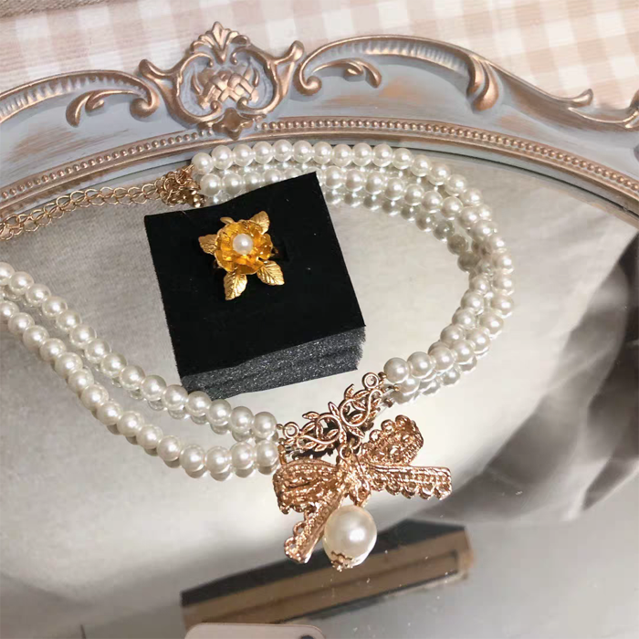 Rose of Sharon - Pearl Chain Lace Bow Lolita Kawaii - Necklace Neckwear