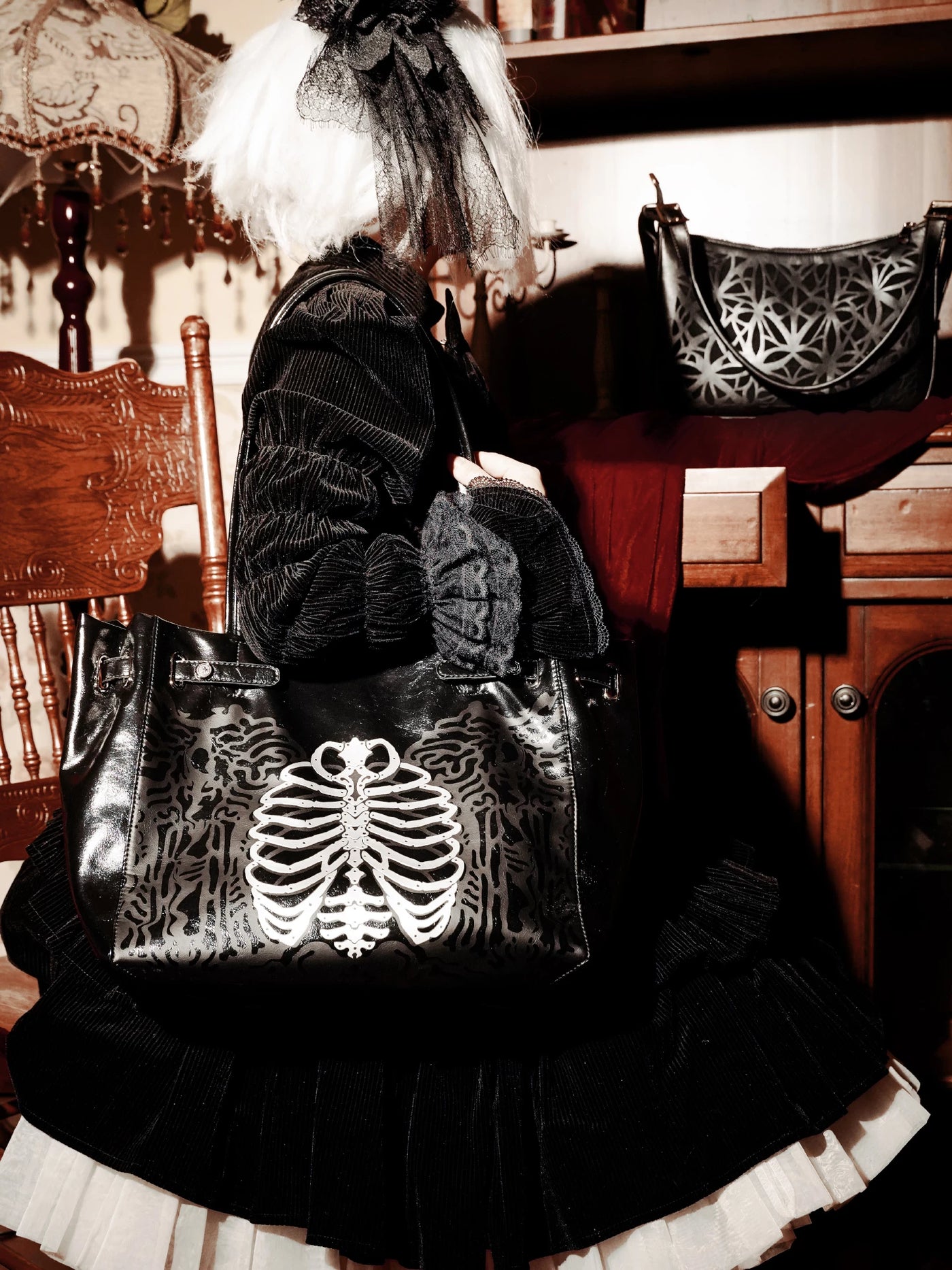Vera s Mimosa - Dark Bone Graphic - Black Tote Bag with White Skeleton Print