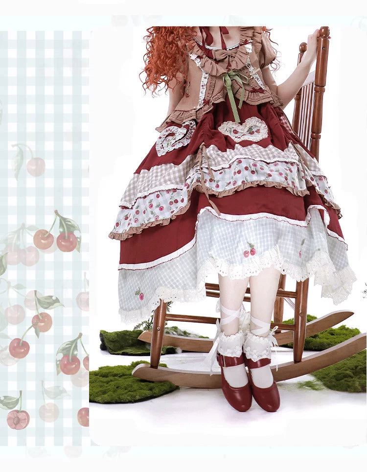 Baozi Pig - Cherry Pastoral - Red OP Dress with Cherry Print