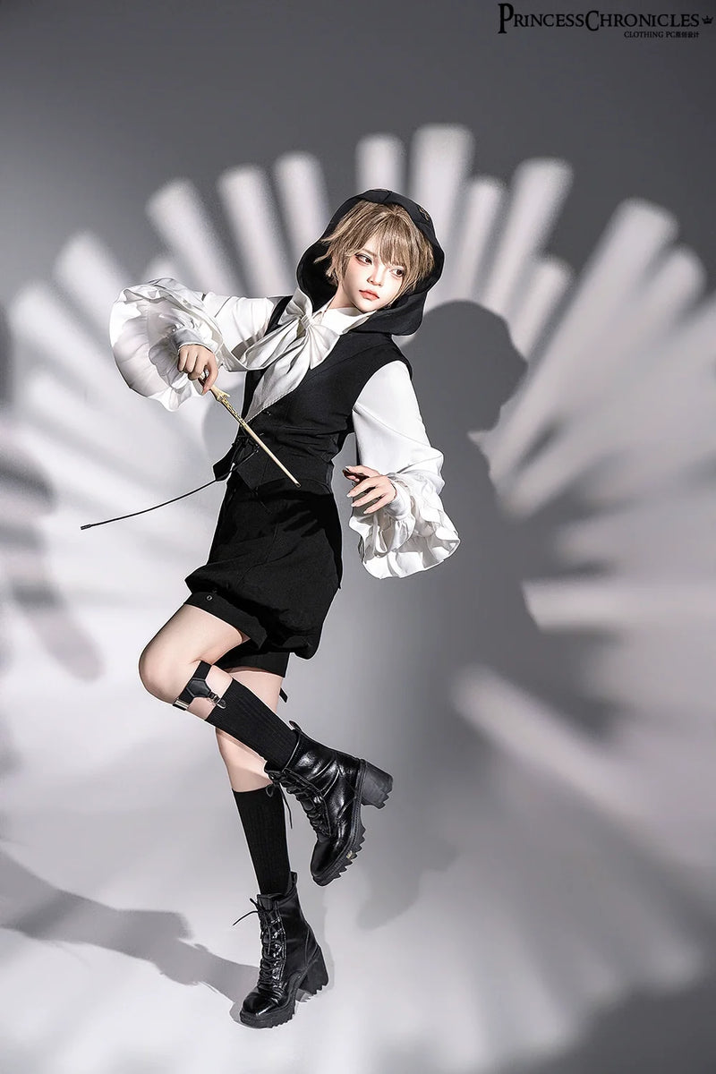 Princess Chronicles - Rabbit Feather - Black Ouji Lolita Vest Shorts Suit Prince Cloak Set